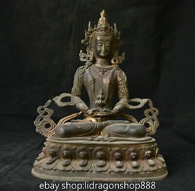 8.8" Vieux Bronze chinois Amitayus longévité Dieu Déesse Statue Sculpture