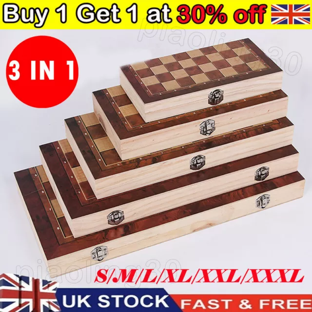 3 in 1 Chess Wooden Set Folding Chessboard/Backgammon/Draughts Wood Board Game *