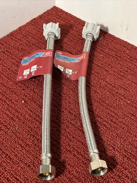 TWO (2) Ace Braided Stainless Toilet Connect 1/2" FIP x 7/8" BC x 12" 3/8 COMP