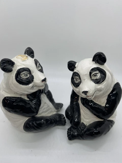 Vintage Hand-Painted Ceramic Panda Bear Figurines Hand Painted Gold Label