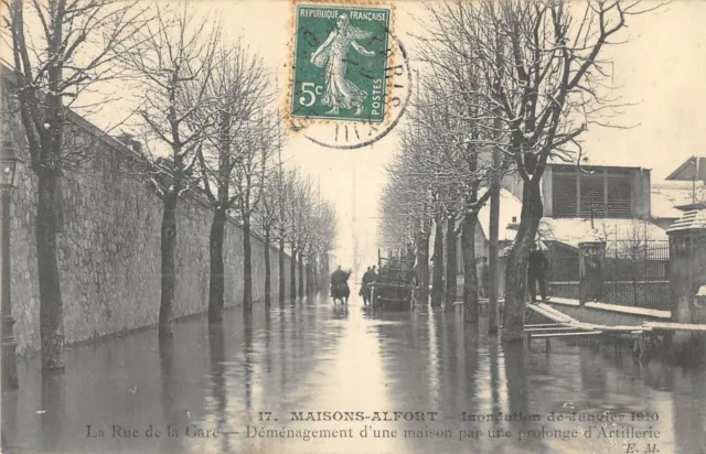 Cpa 94 Houses Alfort Floods 1910 La Rue De La Gare Relocation Artillery