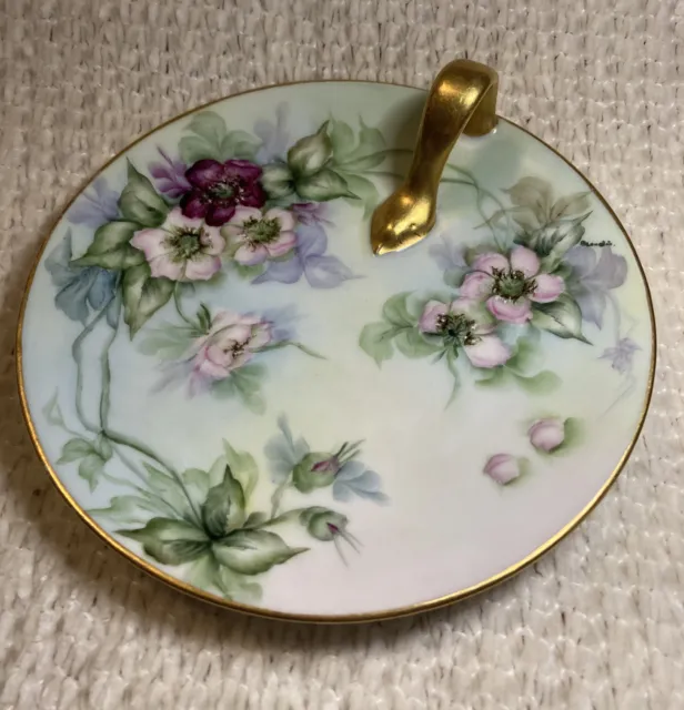 Vintage Bavaria Hand Painted Candy Floral Plate W/Gold Trim & Gold Tray Handle