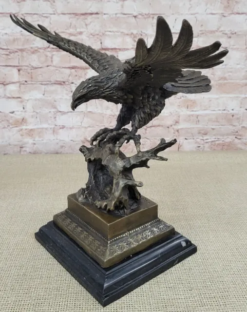 Bronze Bald Eagle Figurine Black Marble Base Soaring Signed Artwork Statue Deal