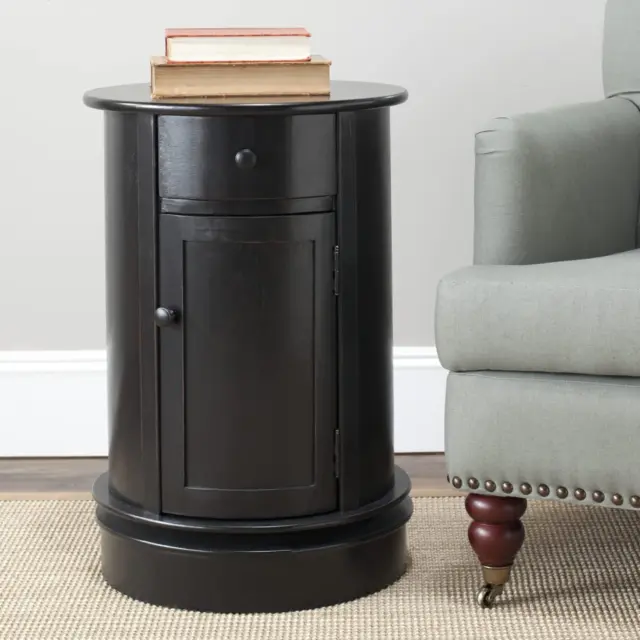 American Homes Collection Tabitha Distressed Black Oval Swivel Storage End Table