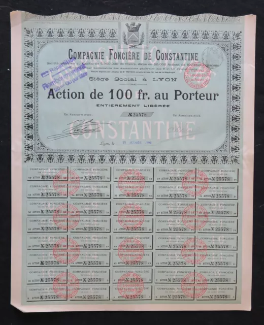 Action 1902 COMPAGNIE FONCIERE DE CONSTANTINE LYON  titre bond share 5