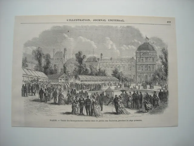 Gravure 1871. Guerre Civile. Vente Des Baraquements Etablis Jardin Des Tuileries