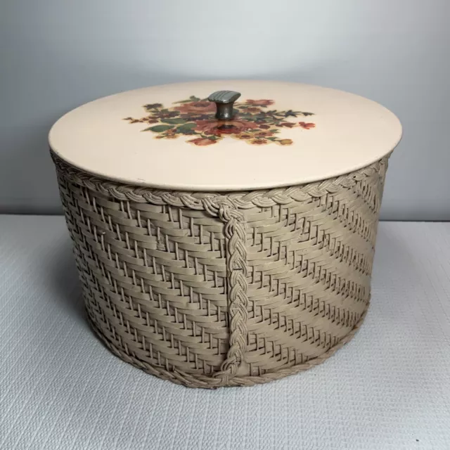 Vintage Harvey Pink Wicker Round Sewing Basket With Floral Decals Metal Knob