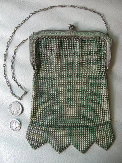 Antique Art Nouveau Frame Green Silver Enamel BEADLITE Chain Mail Mesh Purse