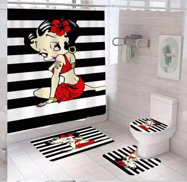 4pc Betty Boop Stripped Bathroom Shower Curtain Toilet Seat Cover & Rugs Set