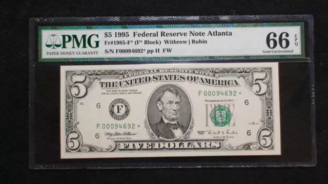 1995 ATLANTA Five Dollar PMG GEM UNC 66 EPQ Federal Reserve STAR NOTE $5 BILL!