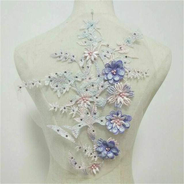 Bordado Encaje Aplique 3D Parche de Tela con Cuentas Floral Vestido de Boda Decoración