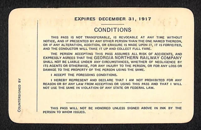 Georgia Northern Railway Co. GNRR Unused 1917 Yearly Railroad Pass NOS VGC 2