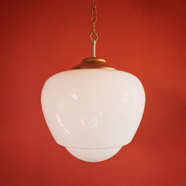 Large vintage brass schoolhouse white milk glass opaline kitchen pendant lights