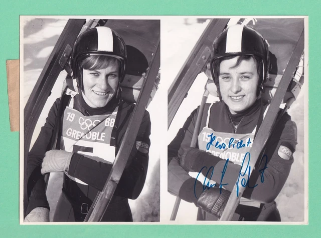 Christa Schmuck .. Silbermedaille 1968 im Rodeln .. Signiertes  Vintage Foto