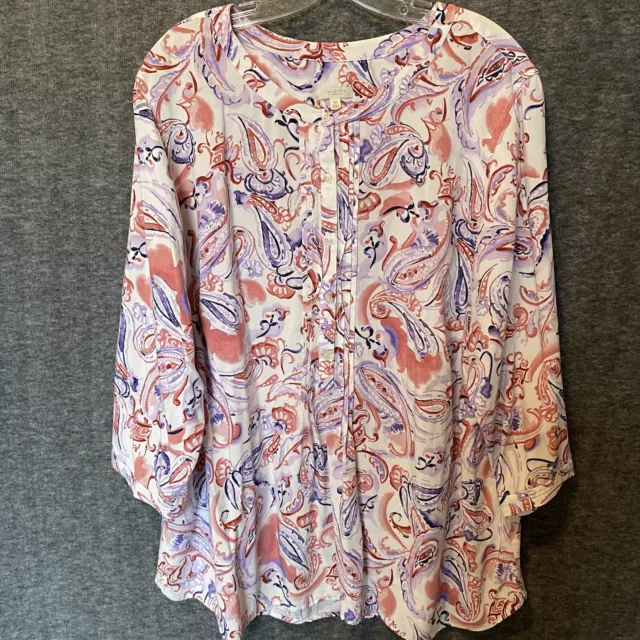 Talbots Top Womens Plus 3X Purple Pink Floral Paisley Pintuck Popover Blouse