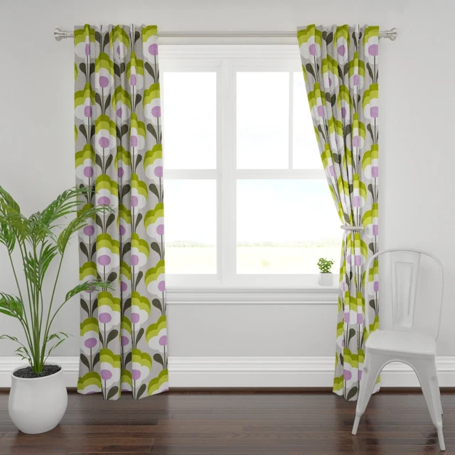 Midcentury Modern Green Flowers Floral 50" Wide Curtain Panel by Spoonflower