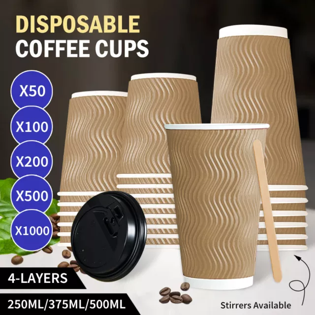 Upto 1000X Disposable Coffee Cups with Lids Healthy Paper Takeaway 250/375/500ml