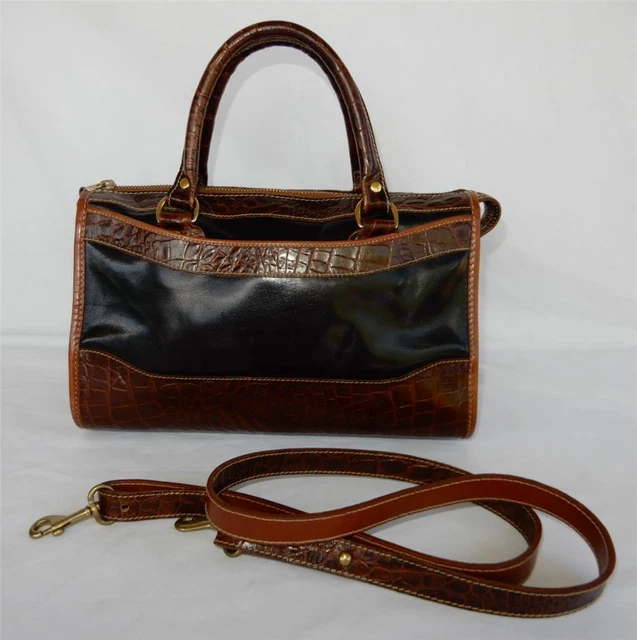 Vintage BRAHMIN Black & Brown Croc Embossed Leather Satchel Shoulder Bag