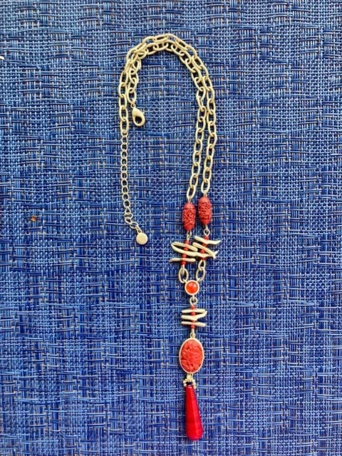 Vintage Red Coral Beaded Necklace w/Pendant and Carved Cinnabar 18" Stamped LC