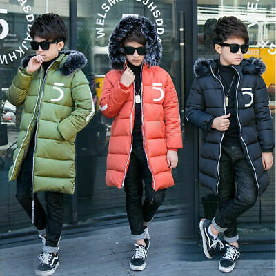 Boys Kids Thick Padded Coat Puffer Hooded Fur Lined Winter Outwear Parka Jacket*