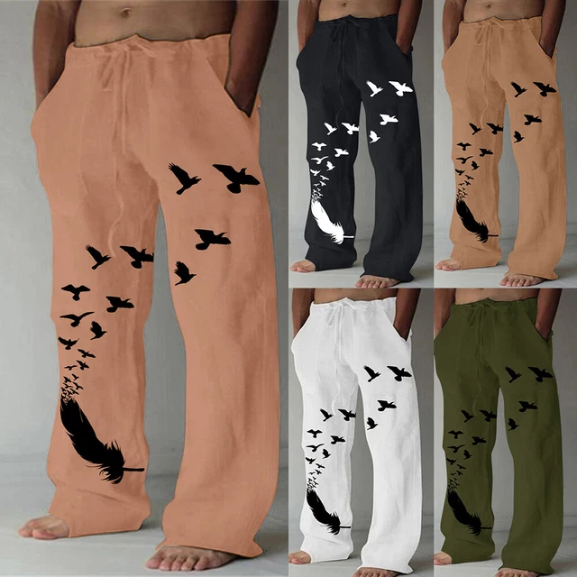 Mens Loose Hippy Long Pants Beach Scenery Printed Casual Trousers Cotton Linen