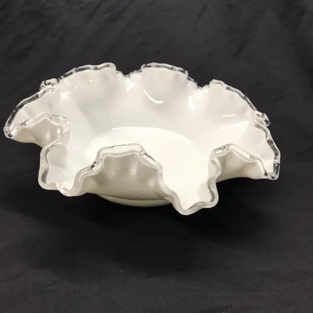 Fenton Silver Crest Vtg Bowl 10 inch Milk Glass Clear Double Crimped Edge USA