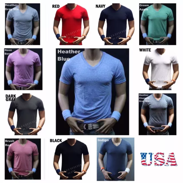 Men Slim T-Shirt V-Neck Fashion Muscle Plain Solid Casual Active Gym Tee S-2X