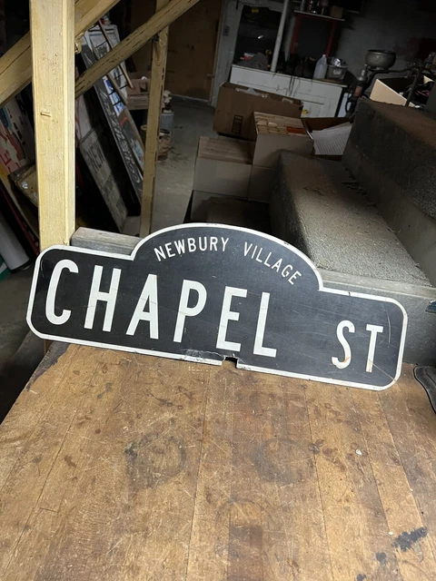 Vintage Old Used Retired Newbury Village Chapel St Street Metal Road Sign USA Vintage Old Used Retired Newbury Village Chapel St Street Metal Road Sign USA