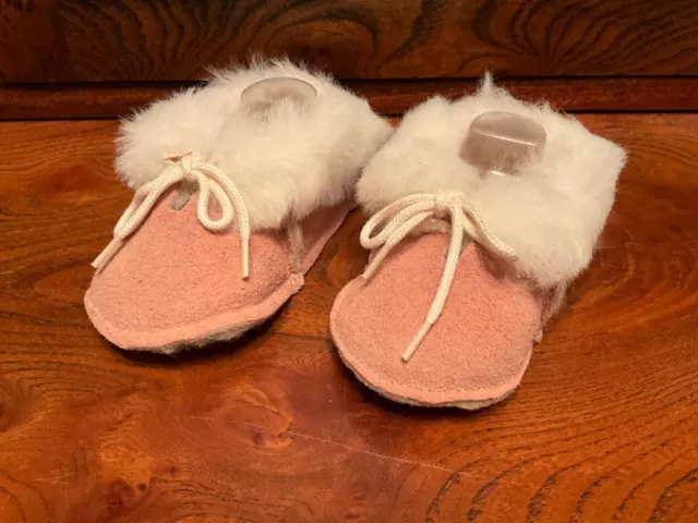 Vintage Baby Pink Suede & Wool Lined Booties Slippers Moccasins - 6-12M - Unused