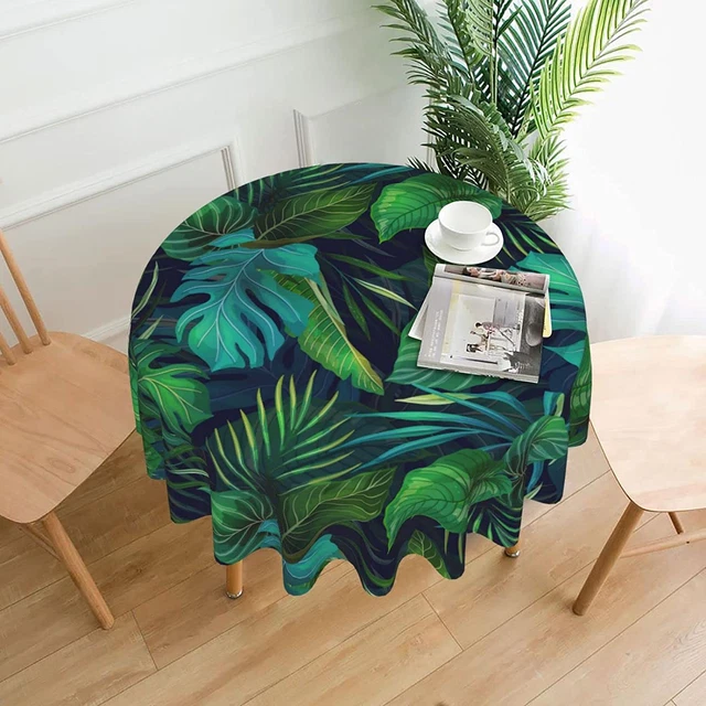 Hawaiian Exotic Tropical Green Leaves Tablecloth round Summer Table Cover Washab