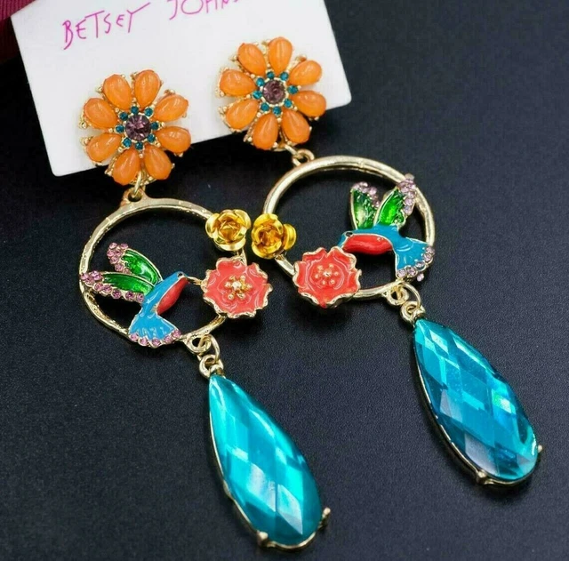 Wow BIG Rainbow HUMMINGBIRD Flower JEWEL Rhinestone Betsey Johnson Bird Earrings
