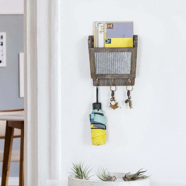 Gray Brown Wood & Galvanized Metal Wall Mounted Mail Sorter Holder w/ Key Hooks