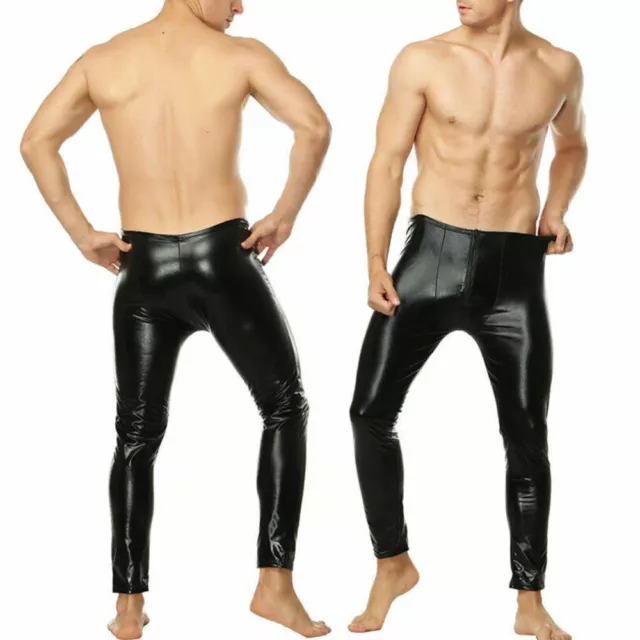 ️ Uomo ' S Pantaloni Leggings Wetlook Grande Marsupio Nero Clubwear Similpelle