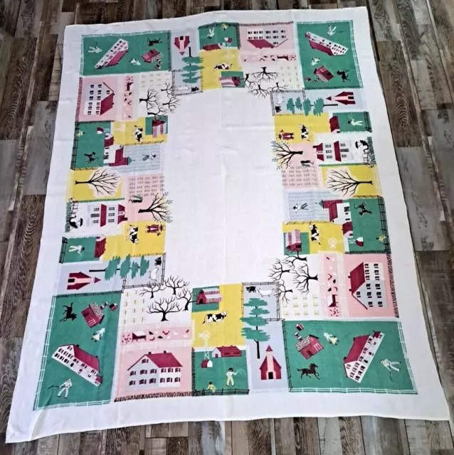 Vintage Block Print Tablecloth Farmhouse Animals Country Mid Century 55x50