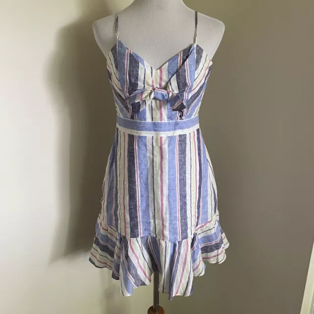 Parker Yuna Striped Linen Mini Dress Bow Ruffle Medium M