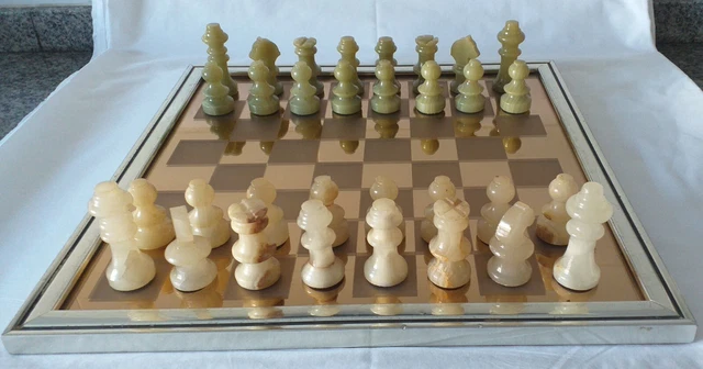 Grand jeu d'échecs complet, Design en verre de cristal miroir doré , pions Onyx