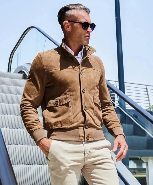 New Brown Leather Jacket Men Pure Suede Slim Fit Flight/Bomber Size S M L XL XXL