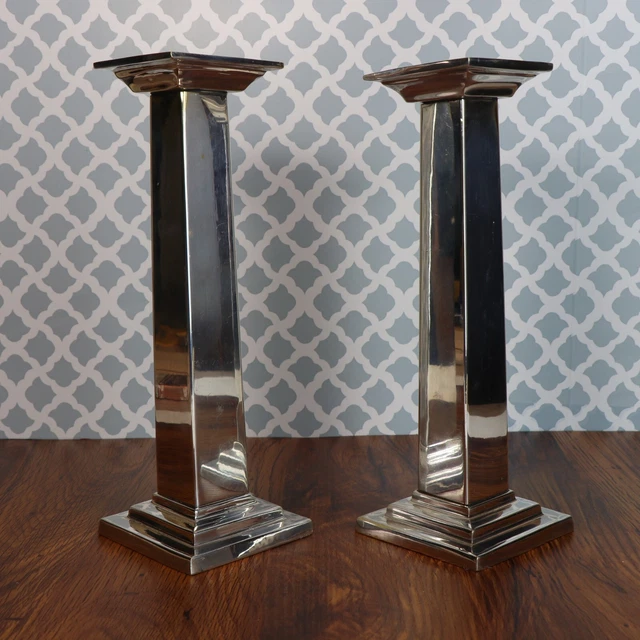 POTTERY BARN CANDLESTICK Holders Taper Pair of Art Deco Silver Plated 9