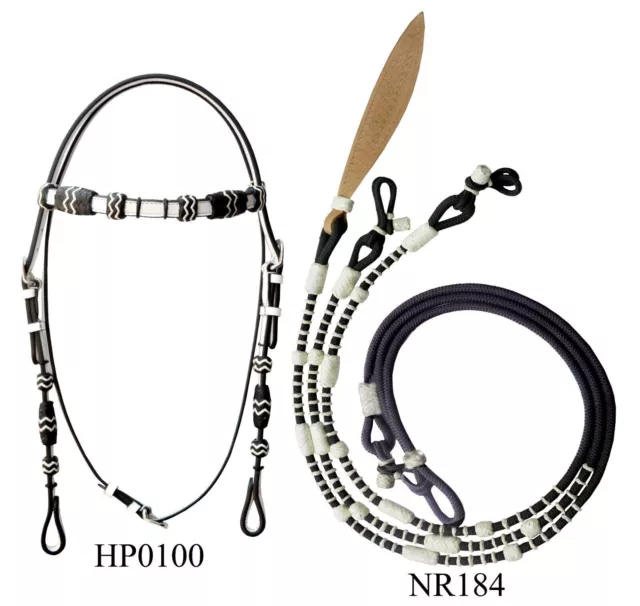 Western Leather Headstall and Nylon Romel Reins Rawhide Braided Black and White1