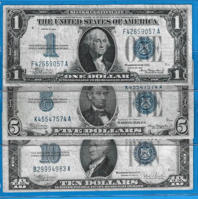 1934/34A/34C $1/$5/$10 Silver Certificates-FB Note,Blue Seal,Circ F/VF,Nice!