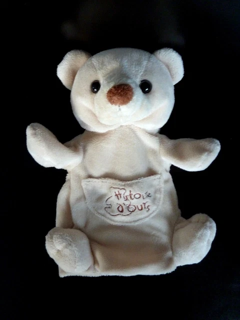 Z8- Doudou Peluche Marionnette Histoire D'ours Ours Ecru Blanc Poche Nez Marron