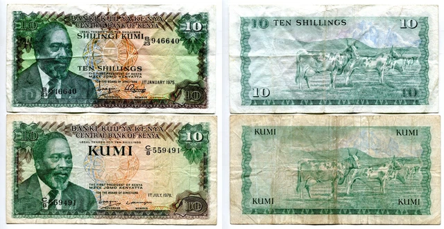 2x 10 Shillings Kenya 1975/1978 Stronger Used, #23