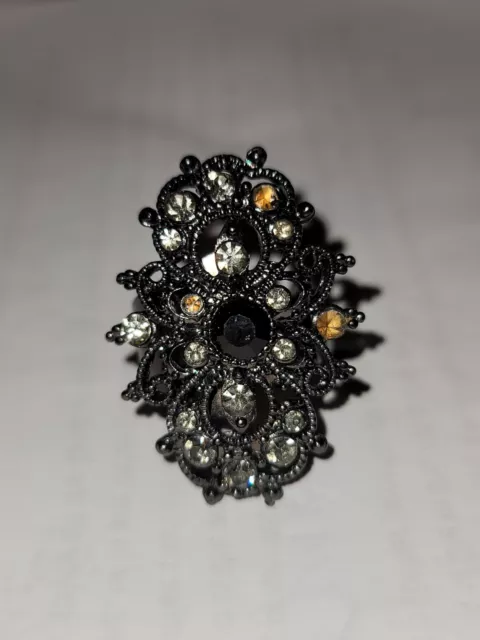Victorian Style Adjustable Ring With Black Metal And Amber Colored Stones