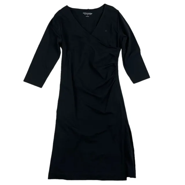Soft Surroundings Faux Wrap Dress Black 3/4 Sleeve Ruched Sz S Cotton Spandex