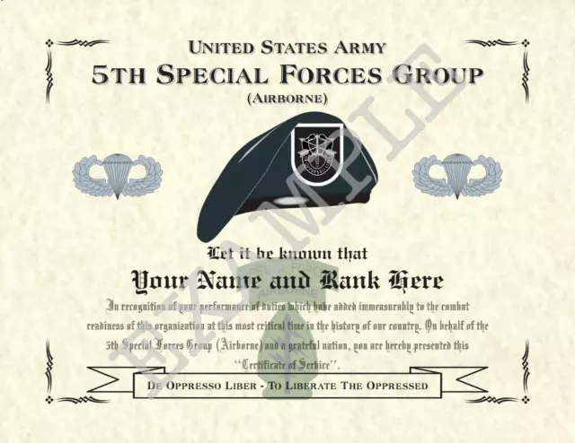 5th Special Forces Group (A) Personalized Art Print 8.5 x 11 (BADGE/BLK FLASH)