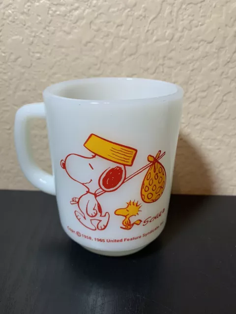 Vintage Fire King "Snoopy, Come Home" Cup Mug w/Woodstock and Nap Sack