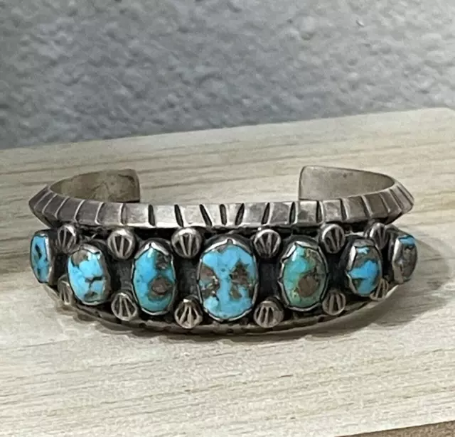 Vintage Early Native American Navajo Sterling Silver Turquoise Cuff Bracelet