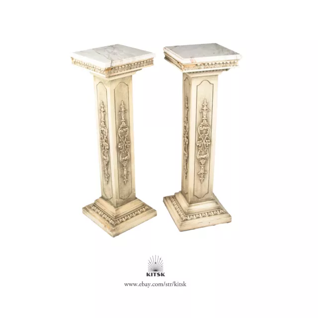 20th c. Pair of Italian Style Painted and Parcel Gilt Marble Top Pedestals