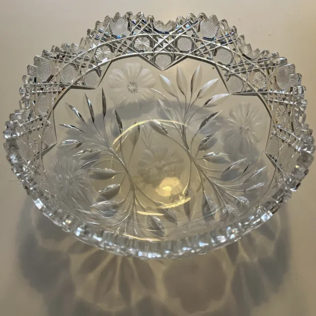 American Brilliant Cut Glass Crystal Bowl Sawtooth Rim, Daisy, 8"