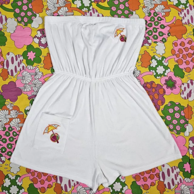 Vtg 90's Terry Cloth Strapless Romper Playsuit Size L White Coverup Embroidered